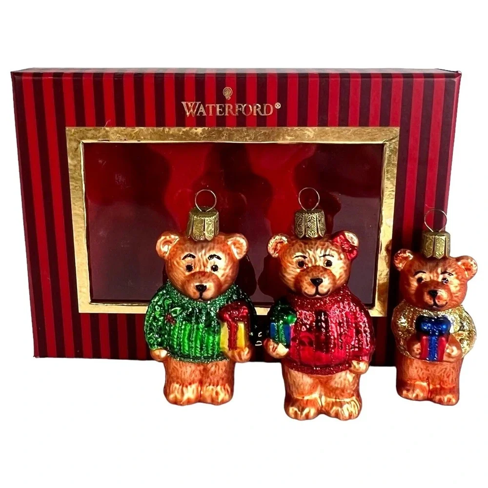 3 Waterford Christmas Teddy Bear Ornament Hand Painted Glass‎ Holiday Heirloom